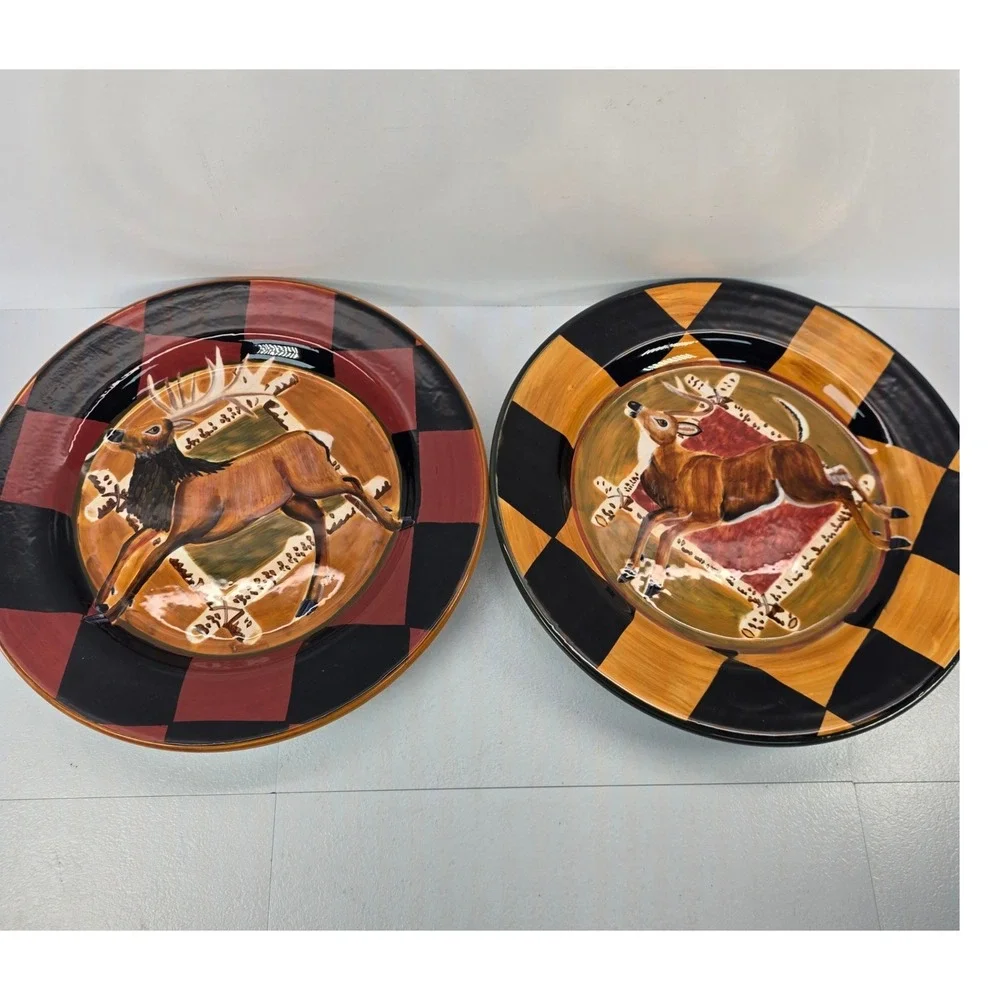Zrike S. Riggsbee White Outpost Deer Dinner Plates Set of 2 Checkerboard 11